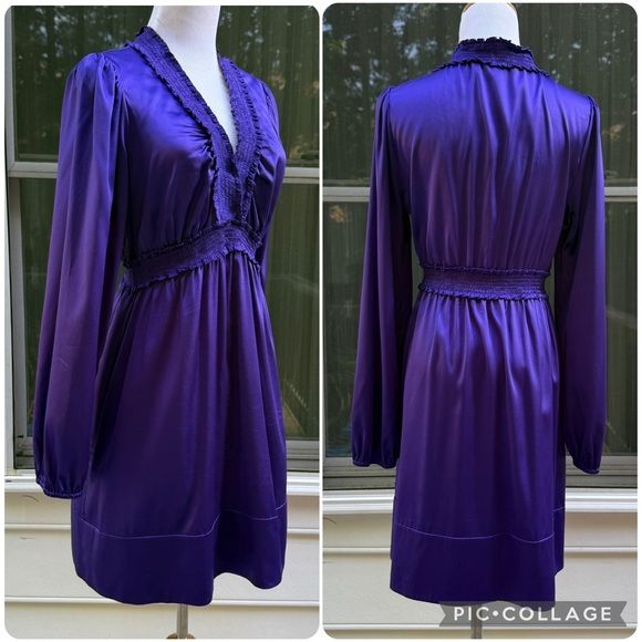 BCBGMaxAzria Persian blue silk V neck along sleeve dress size M - Picture 9 of 13